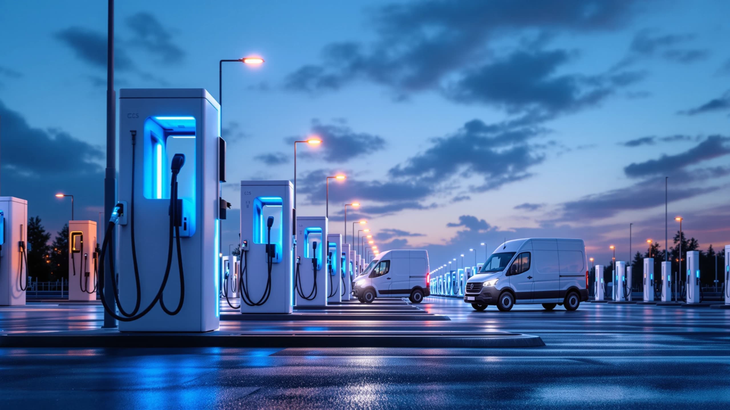 Fleet charging depot at blue-hour